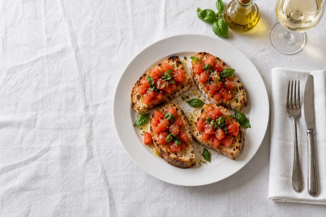 Bruschetta al pomodoro: pane casereccio con pomodoro e basilico