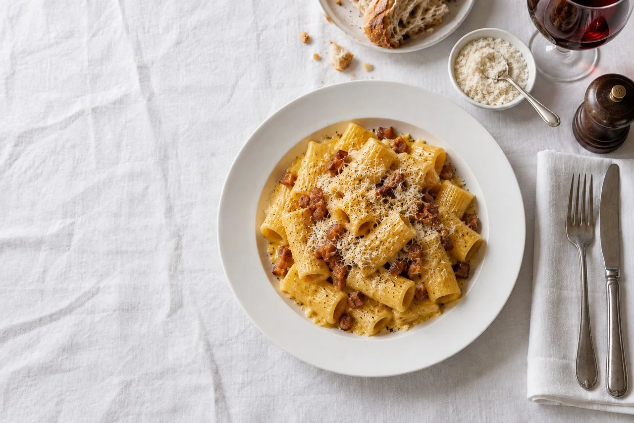 Rigatoni alla carbonara con guanciale croccante e pecorino