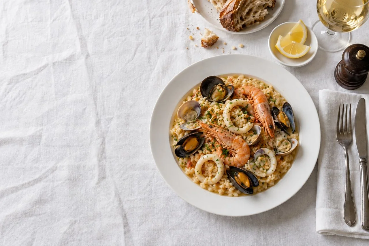 Risotto alla pescatora con cozze, vongole, gamberi e calamari